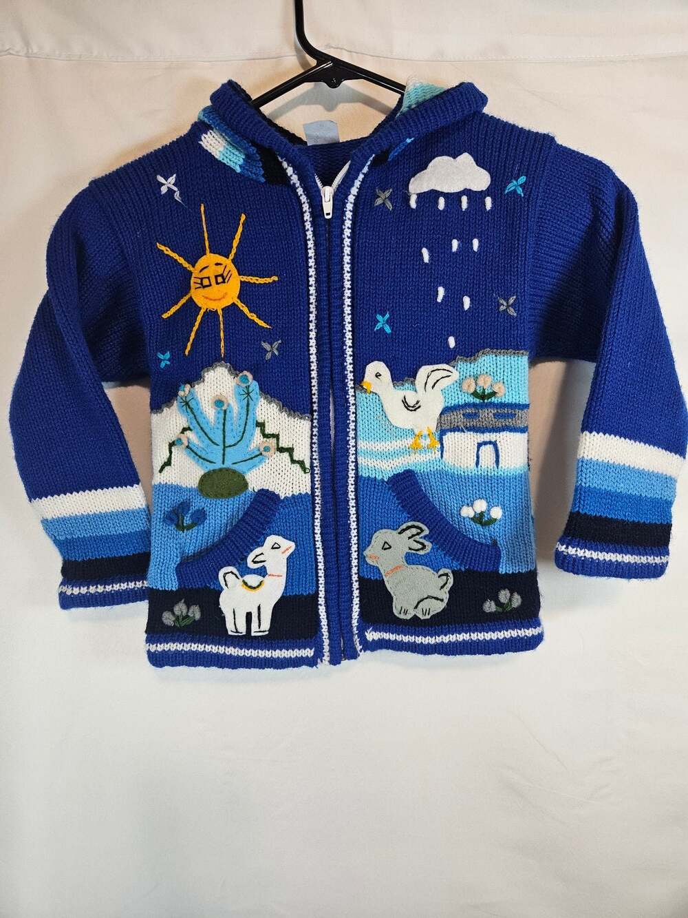Isabella Mia Hand Knit Peruvian Wool Folk Art Hooded Zip Sweater Size 8